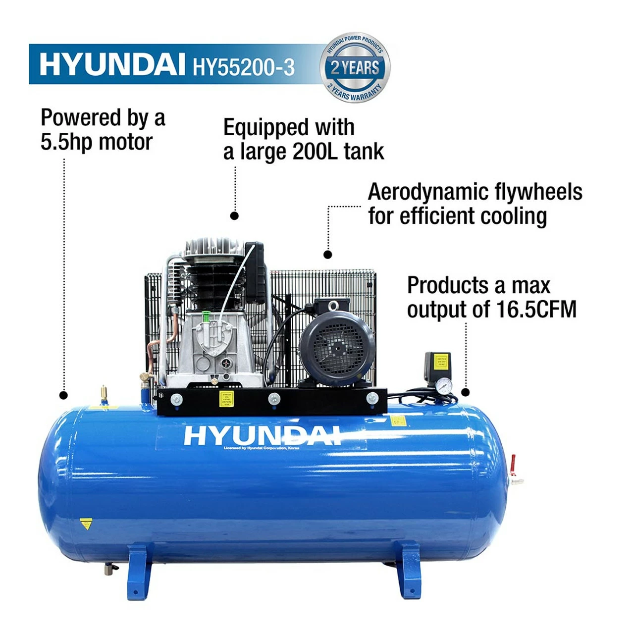 Hyundai HY55200-3 200L 3-Phase Floor-Mounted Belt Drive Compressor 5.5hp 400V - Image 2
