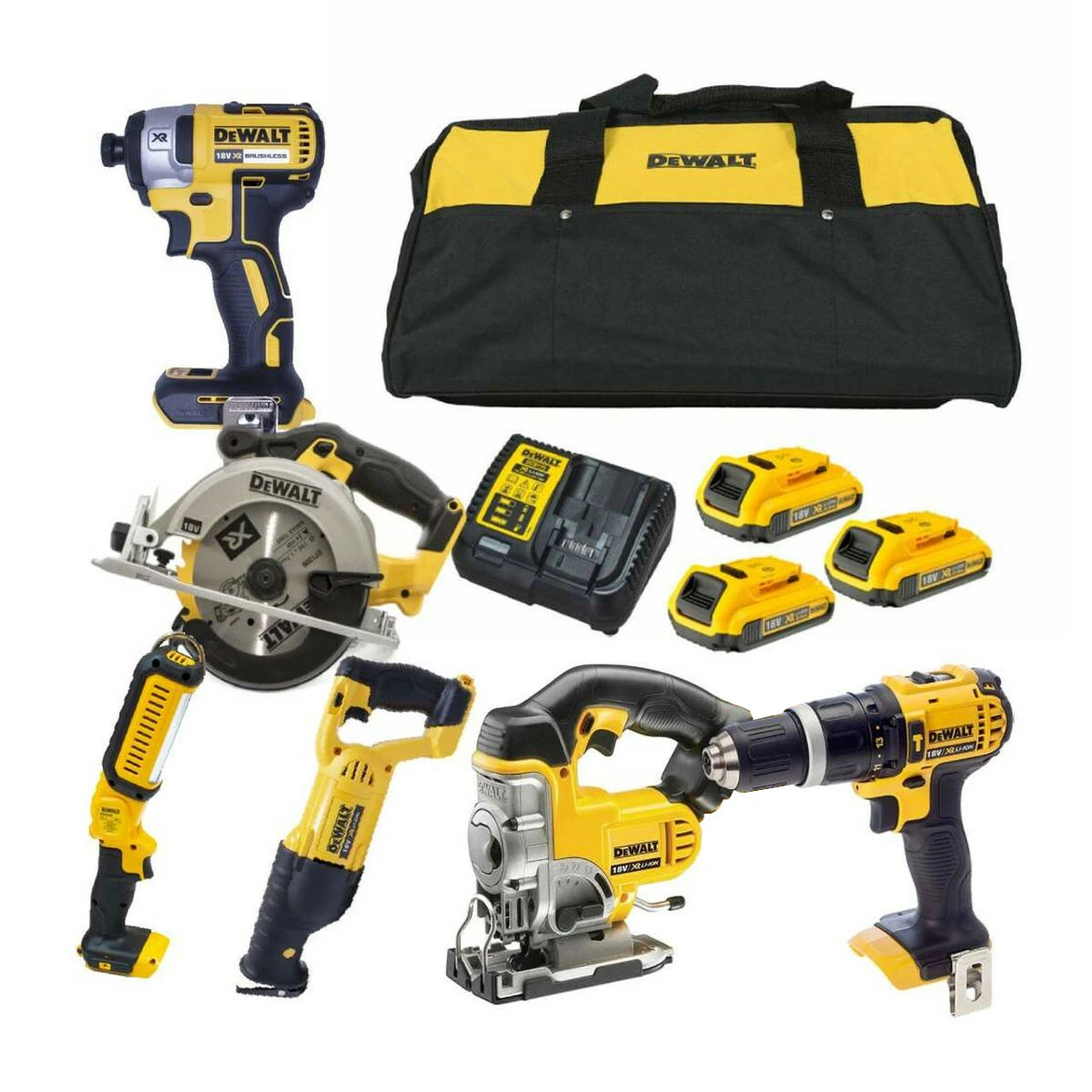 DeWalt 18V 6 Piece Power Tool Kit With 3x 2.0Ah Batteries