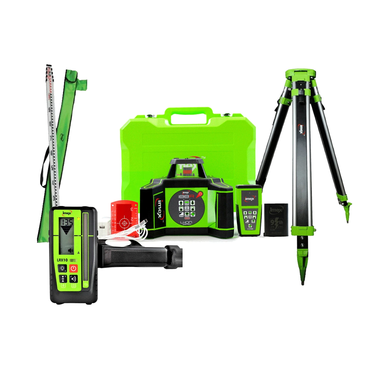 Imex I88R Rotating Red Laser Level Kit With 2x 9.0Ah Batteries, LRX10 Receiver, Staff & Tripod