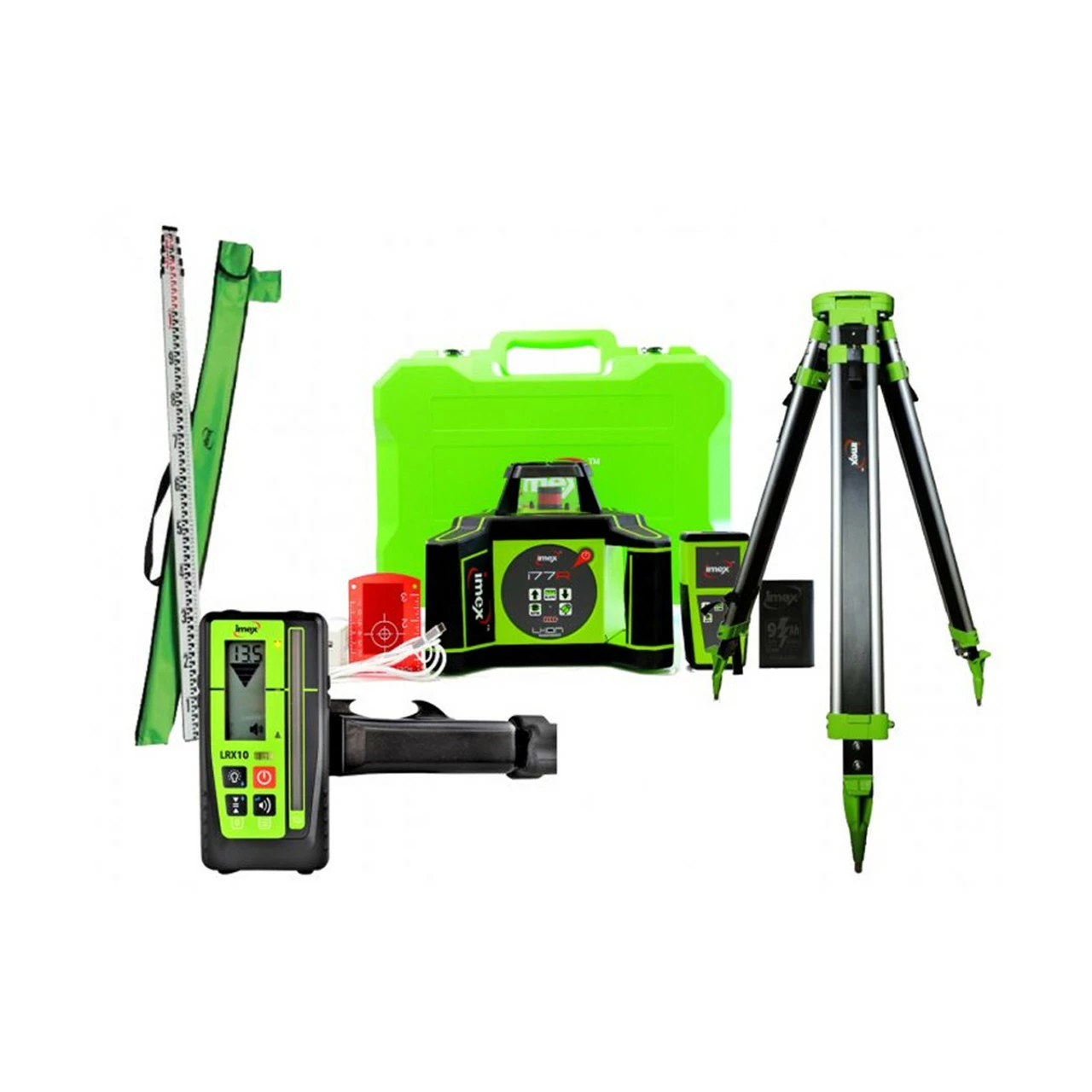 Imex I77R Rotating Red Laser Level Kit With 2x 9.0Ah Batteries, LRX10 Receiver, Staff & Tripod